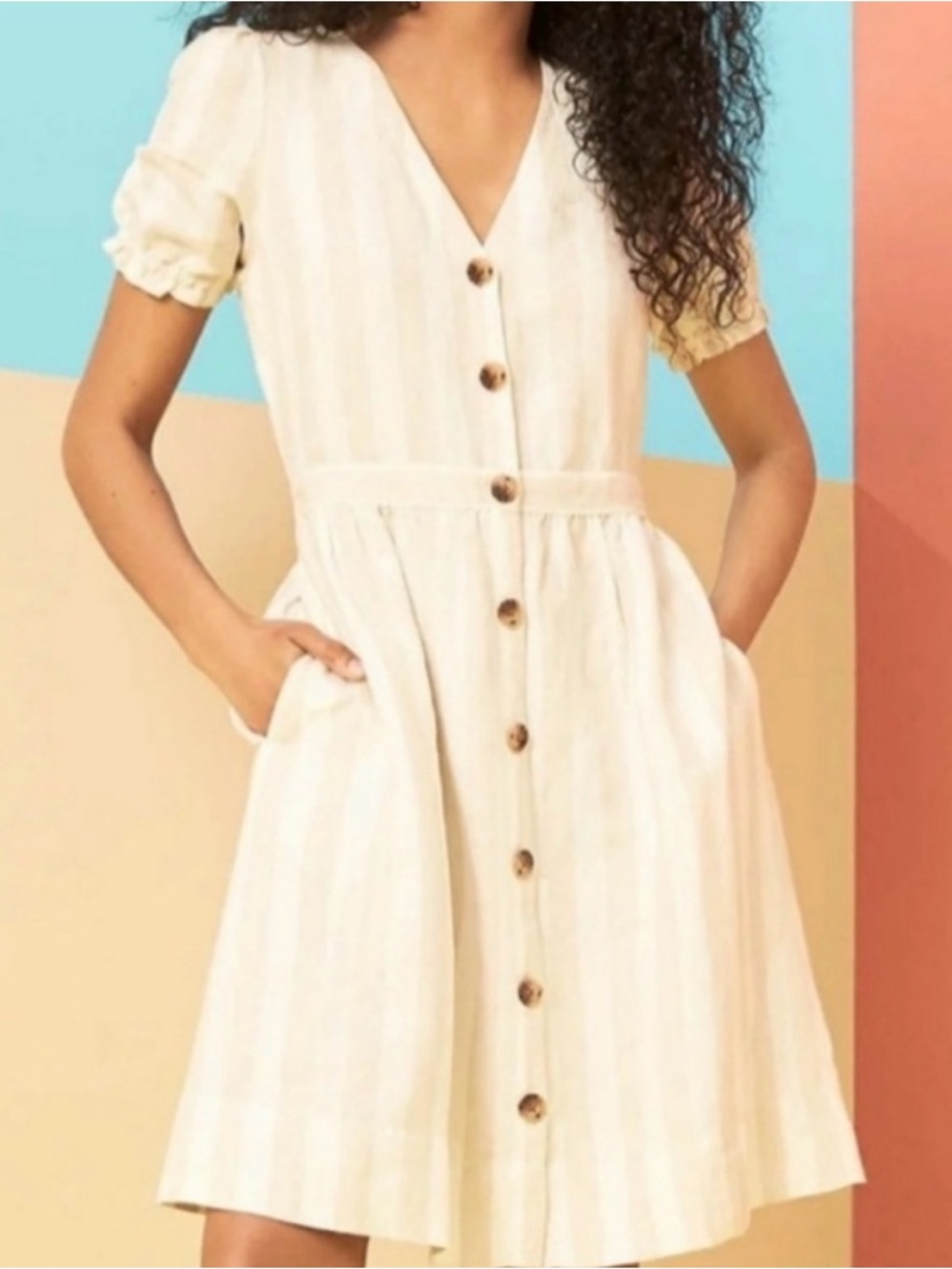 LOFT Cream & White Button-Front Striped Casual Linen Dress